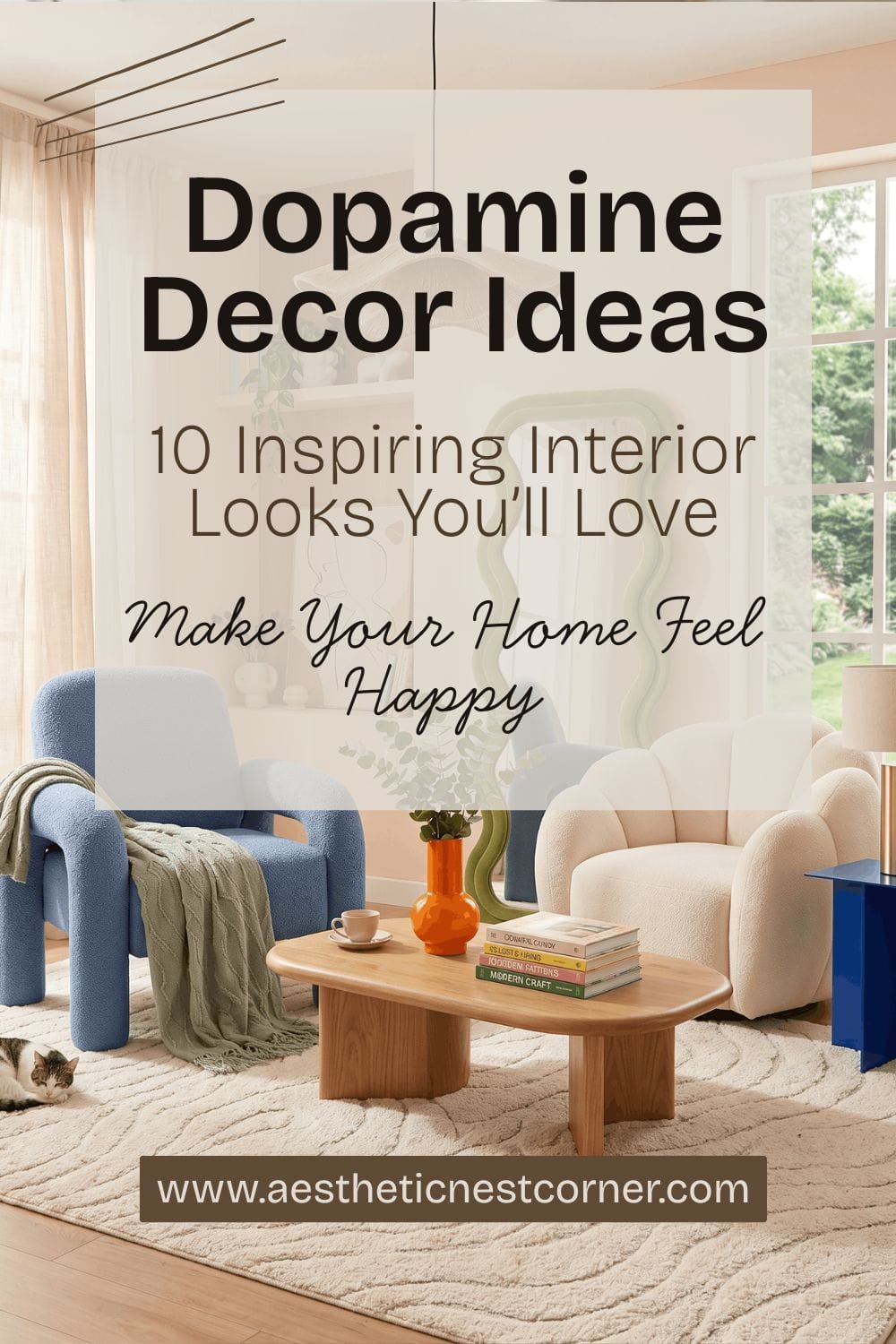 dopamine decor ideas colorful living room interior with modern furniture cozy aesthetic home design inspiration