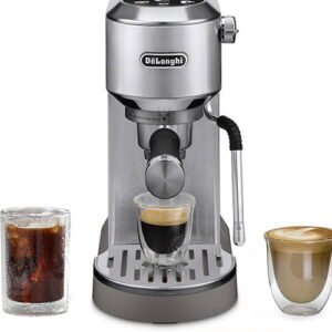 Modern stainless steel espresso coffee maker with a cup of coffee and a latte on a clean white background.