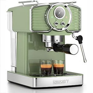 Retro-style sage green espresso machine with a chrome finish, featuring two glass cups of espresso.