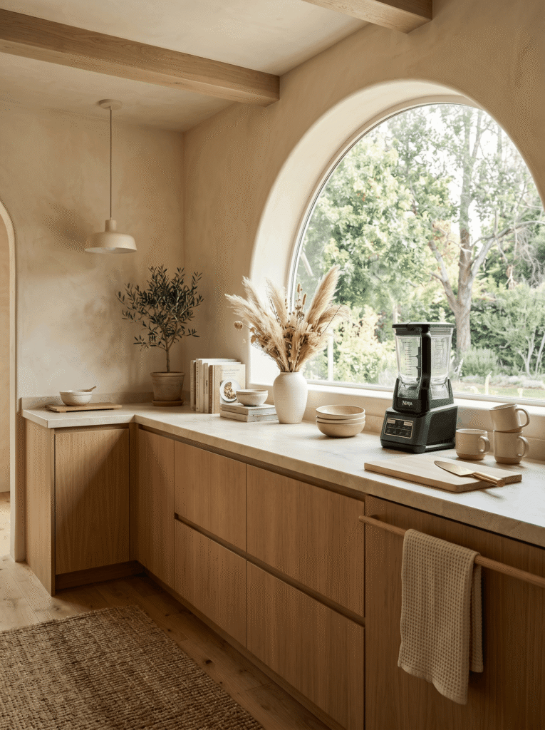 Bright modern minimalist kitchen interior with light wood cabinetry, an arched window, and potted plants.