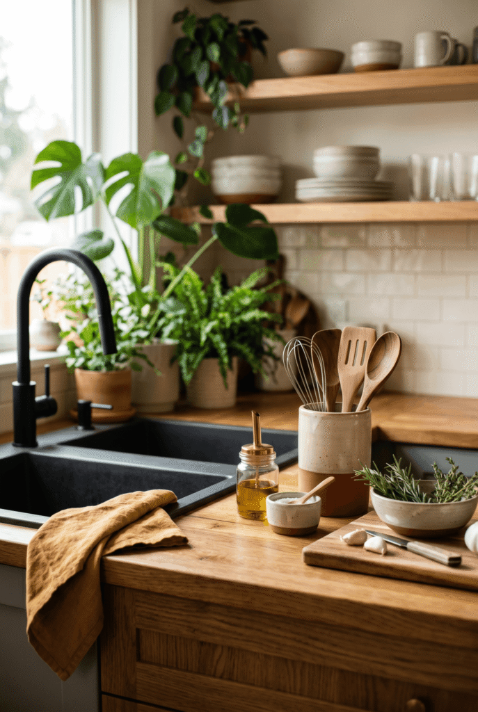 Kitchen counter with a black sink, black faucet, various green houseplants, and wooden utensil set in a container.