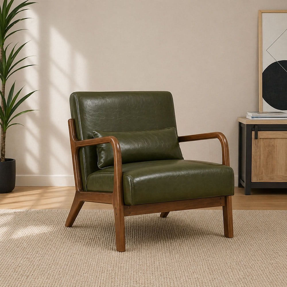Olive green leather accent chair with wooden frame in modern living room