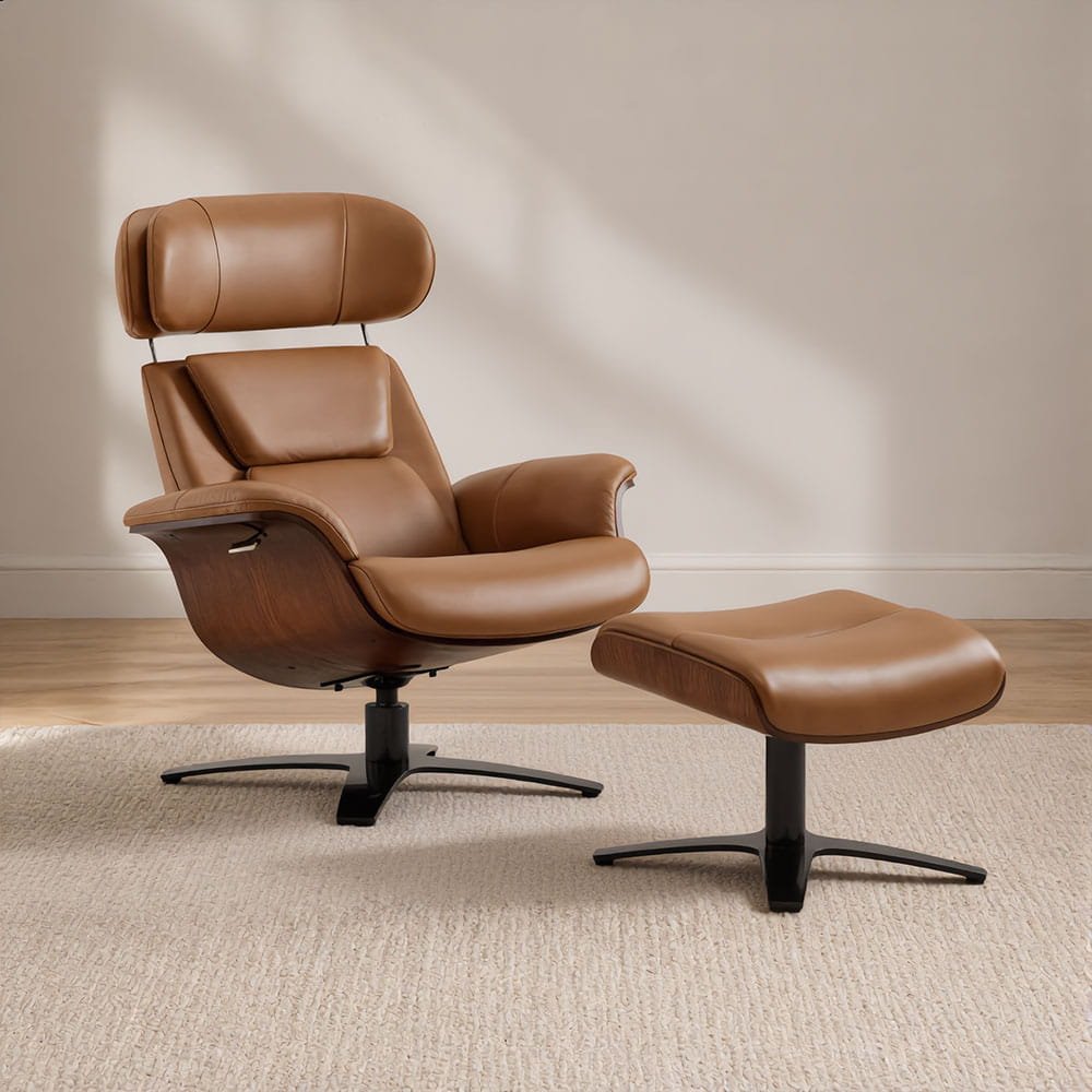 Mid-century leather lounge chair with ottoman in warm neutral interior