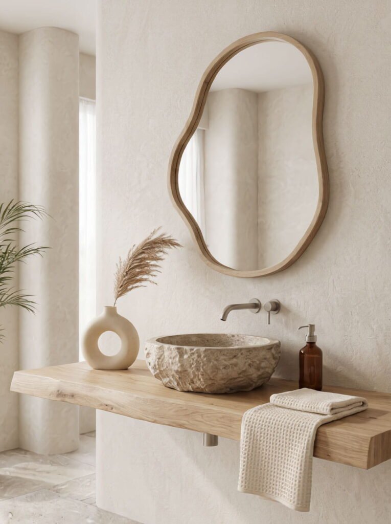 Organic modern bathroom interior with a stone vessel sink, a live-edge wood vanity, and a wavy wooden wall mirror.