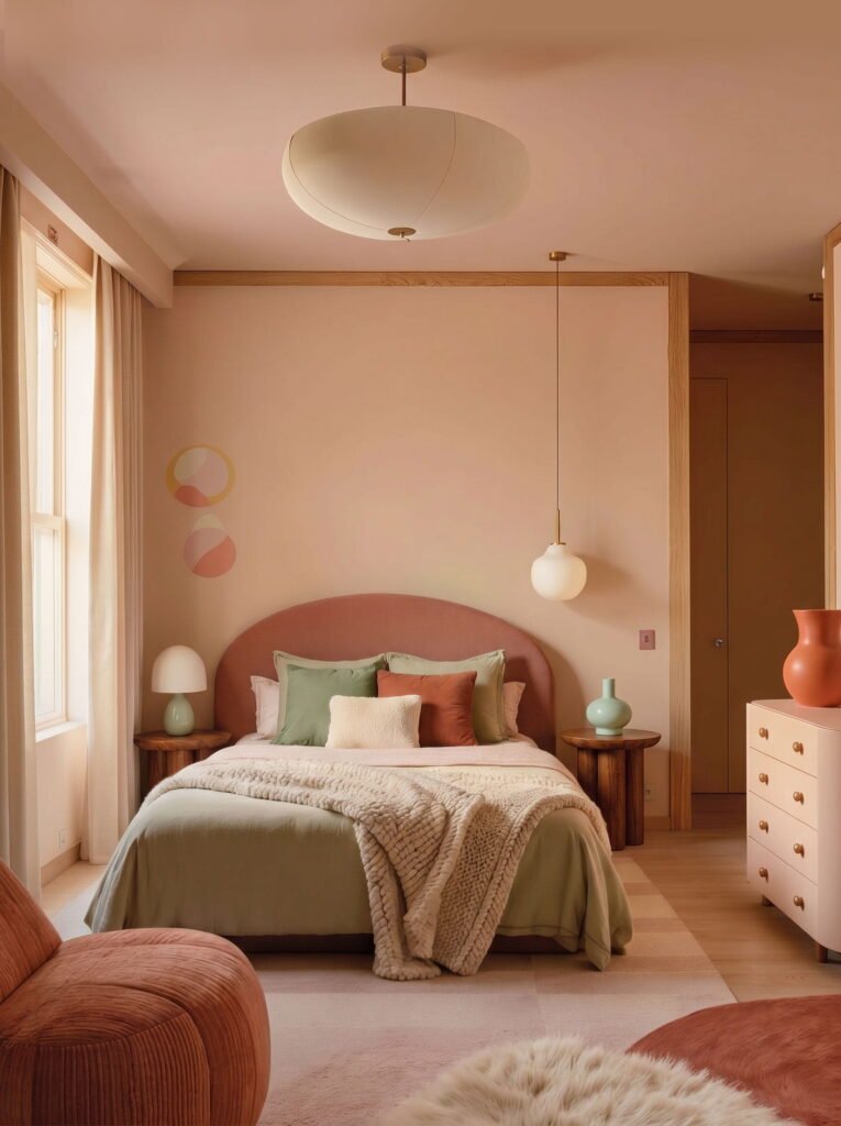 Soft aesthetic bedroom with a terracotta arched headboard, green bedding, and pink nightstands
