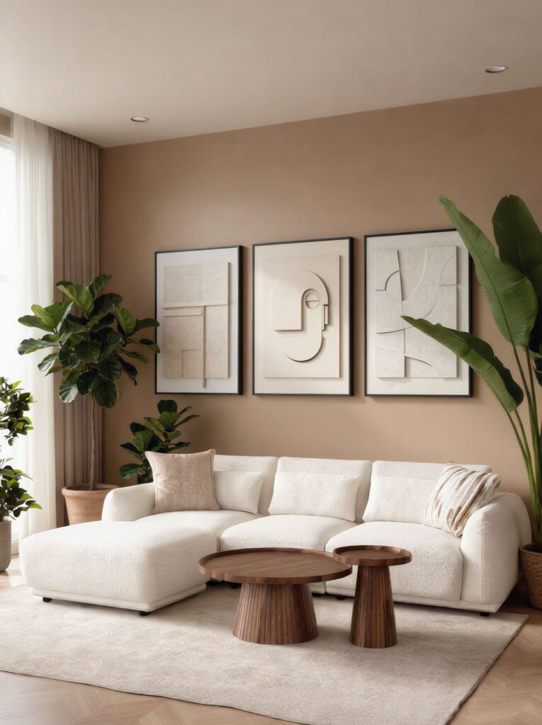 Elegant living room interior featuring a white L-shaped sofa, wooden coffee tables, wall art, and a large indoor plant.