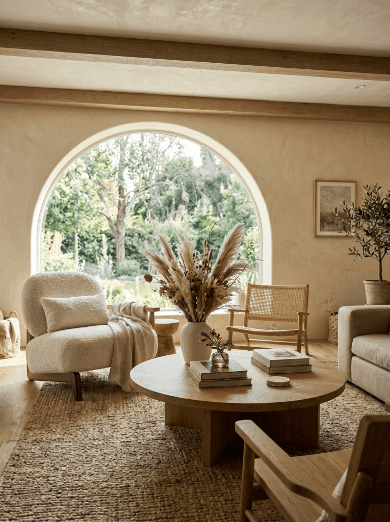 Spacious, cozy living room with curved boucle armchair, wooden furniture, and pampas grass decoration, set against a large arched window with a green garden view.