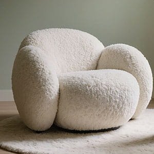 beige boucle armchair modern design, cozy minimalist living room furniture