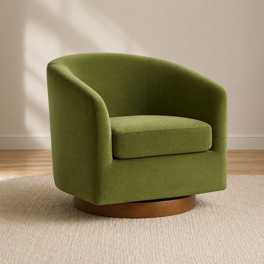 Modern olive green accent chair with rounded shape in cozy minimalist interior