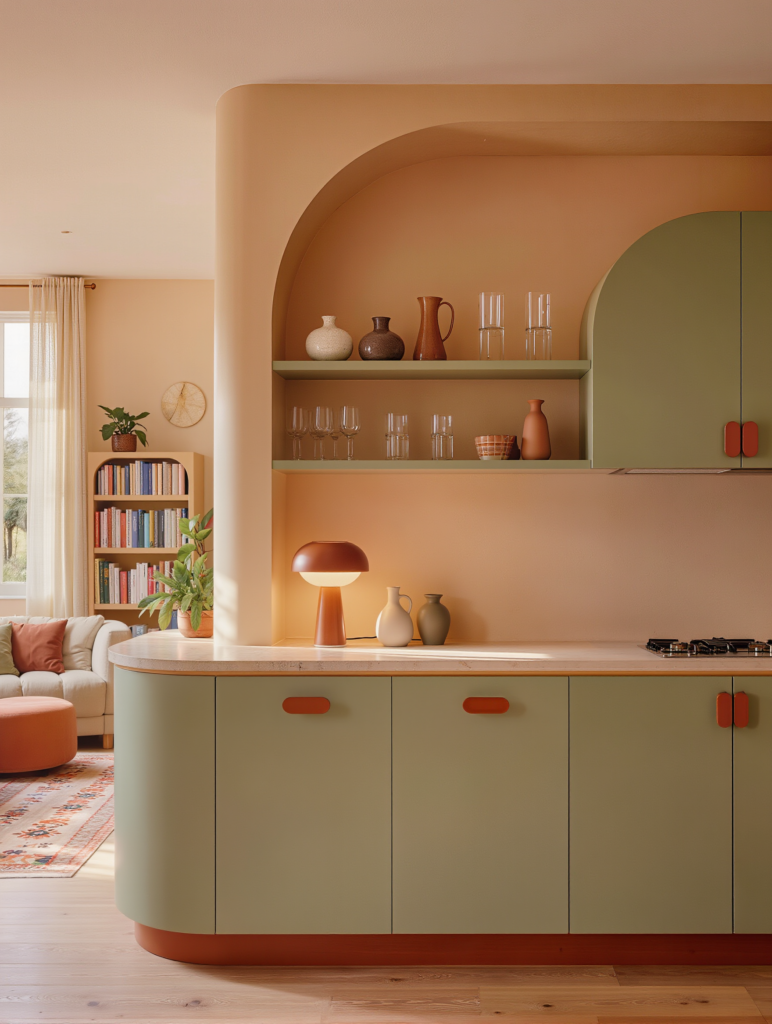 Trendy organic modern kitchen with curved sage green cabinets, peach-colored walls, and open arched shelves for decor.
