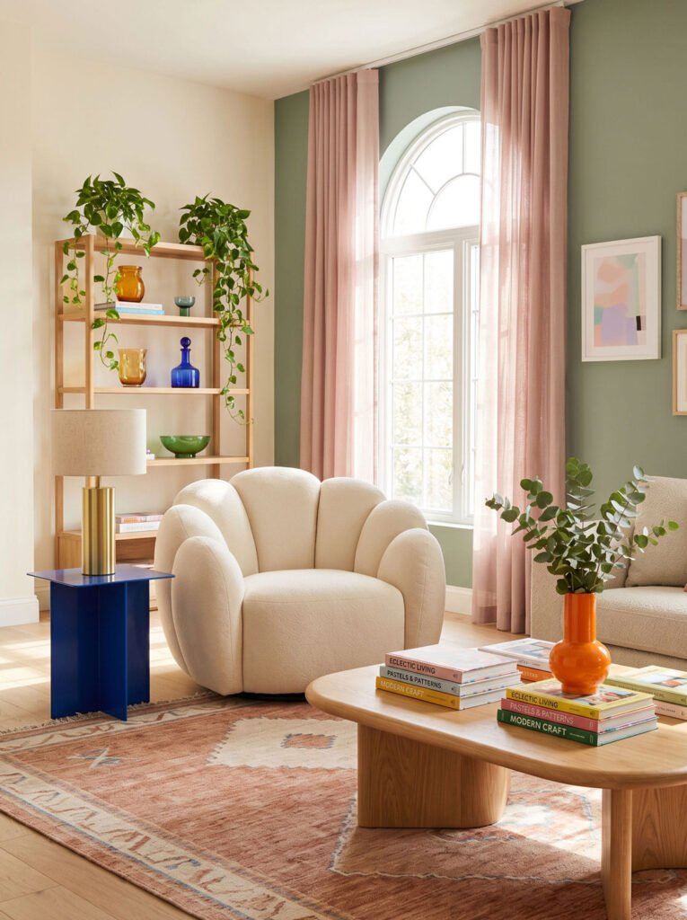 dopamine decor living room with colorful accents, boucle armchair, warm tones and playful interior design