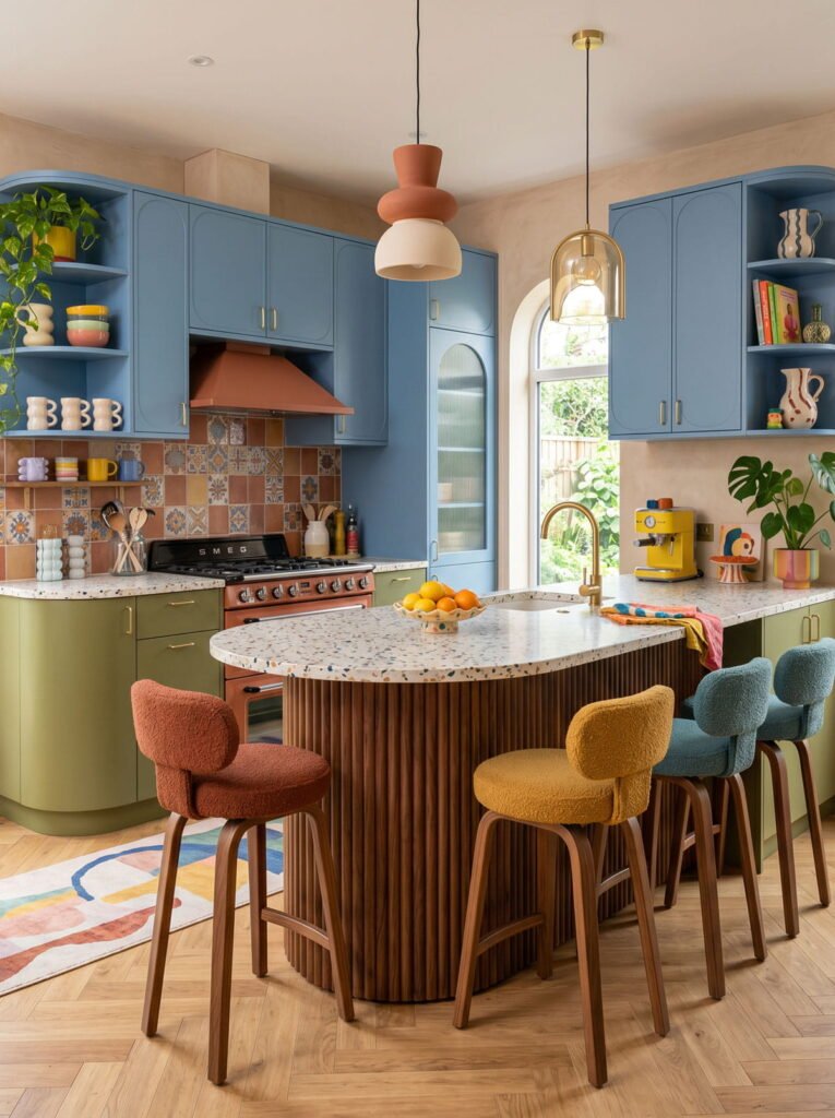 Maximalist kitchen design with bright blue upper cabinets, a Terrazzo style central island, and mismatched colorful velvet bar stools.