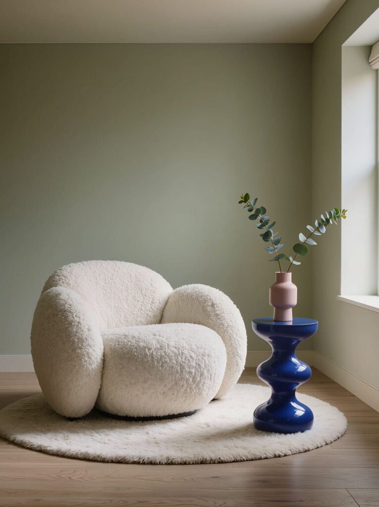 Minimalist white bouclé round armchair against a sage green wall with a cobalt blue side table and eucalyptus branch.