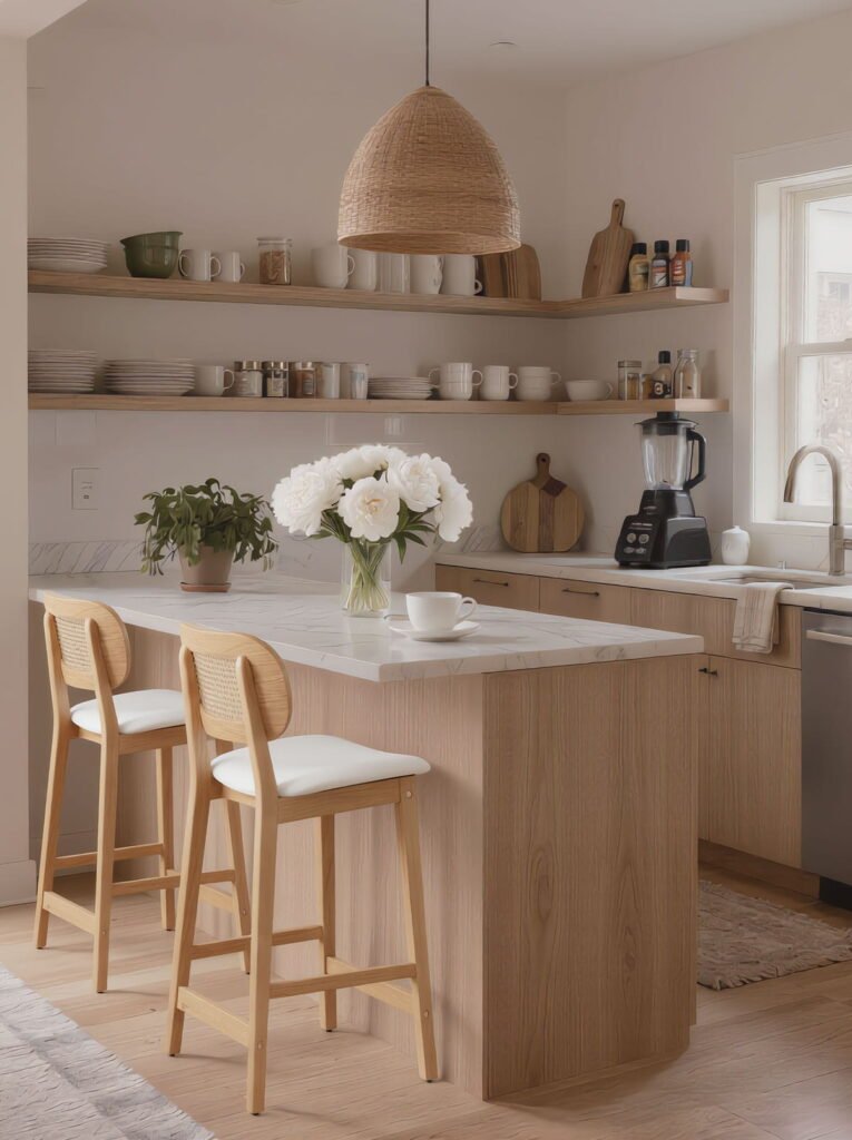 Bright, sunlit natural wood kitchen design with white countertops, three white bar stools at the island, and a fresh bouquet of peonies.