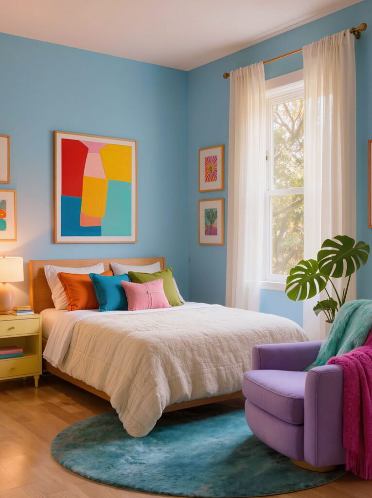 Bright blue bedroom interior with a colorful abstract wall art, yellow nightstand, and a Monstera plant in a sunny room.