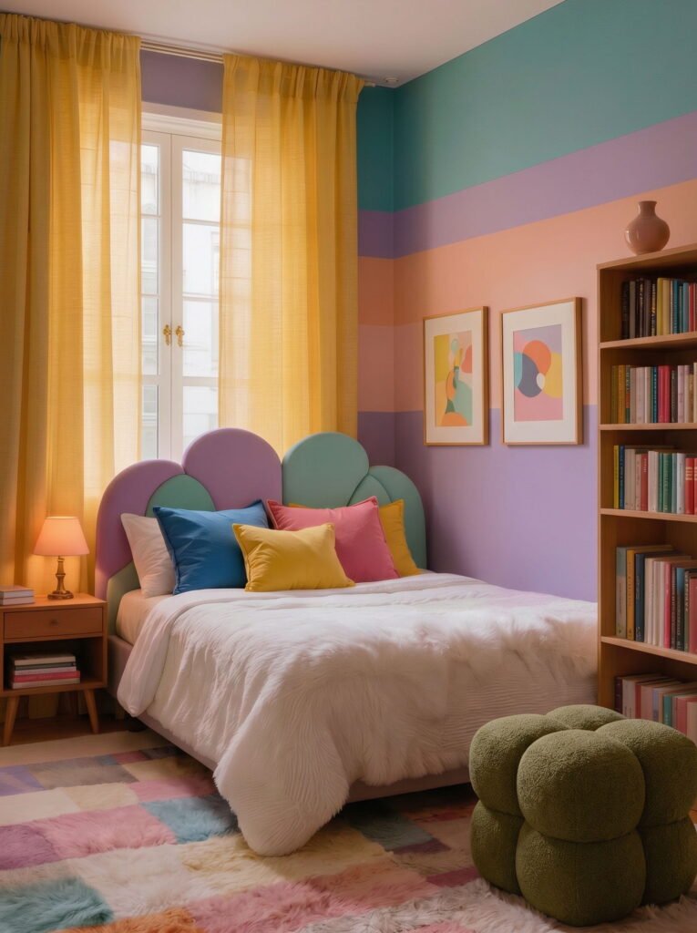 Pastel colorful scalloped headboard in a maximalist bedroom with purple walls, yellow curtains, and organized bookshelves.