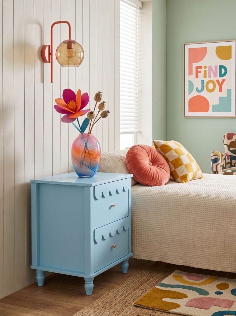 Blue nightstand with scalloped drawers featuring a colorful glass vase with flowers in a bright dopamine decor bedroom.