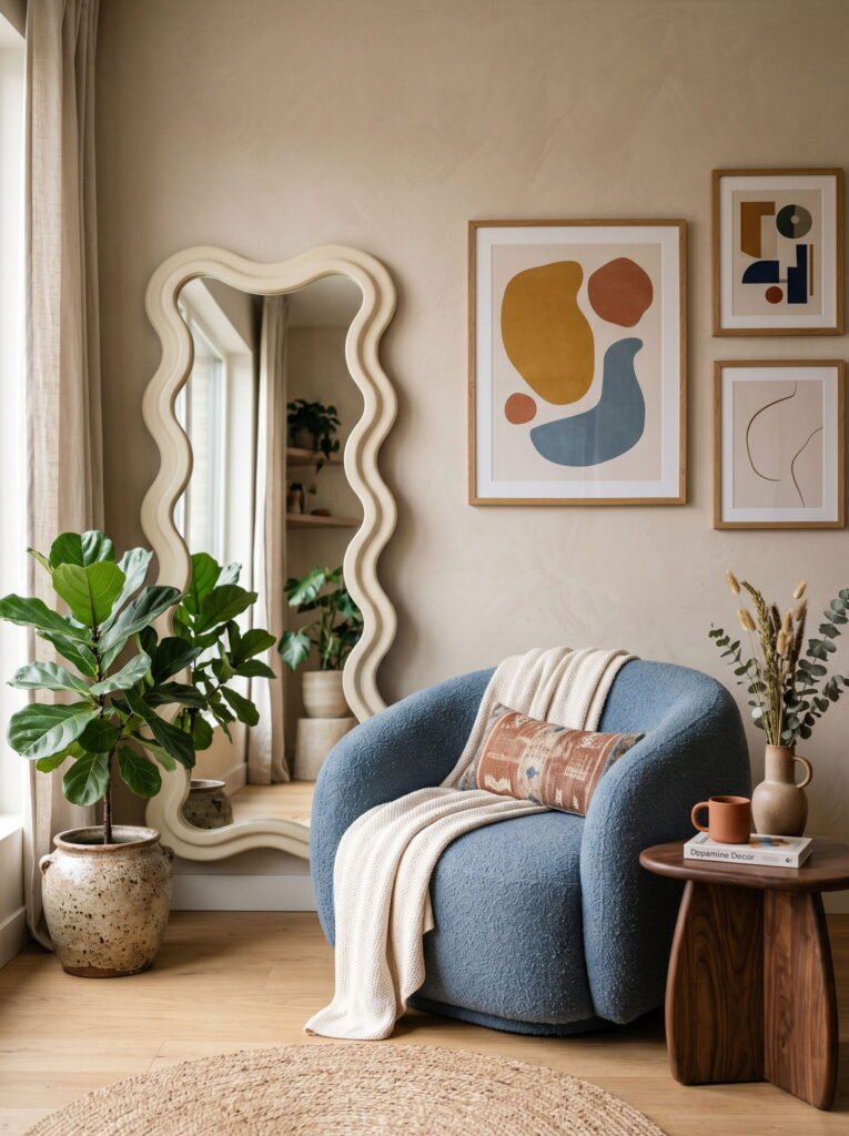 Modern living room corner with a wavy full-length mirror, blue armchair, and a large Fiddle Leaf Fig plant.