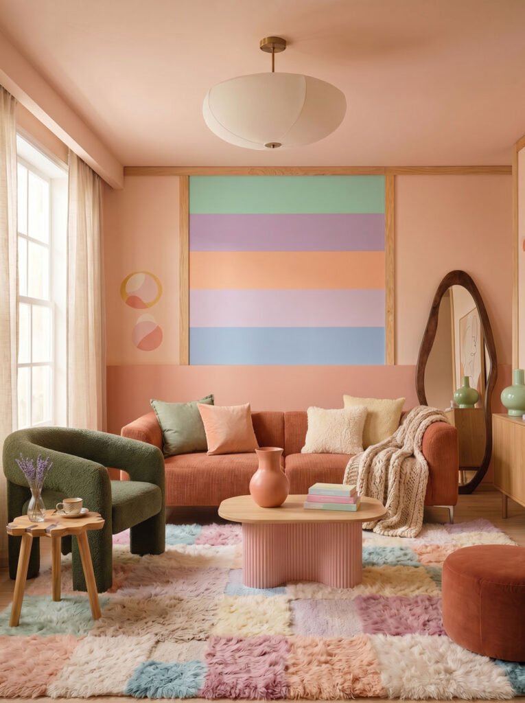 Cozy dopamine decor living room with pink curtains and curved armchair