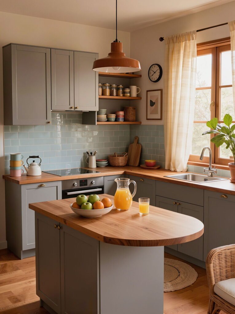 Cozy Scandinavian style grey kitchen featuring a butcher block wood countertop on a central island and vintage copper pendant lights.