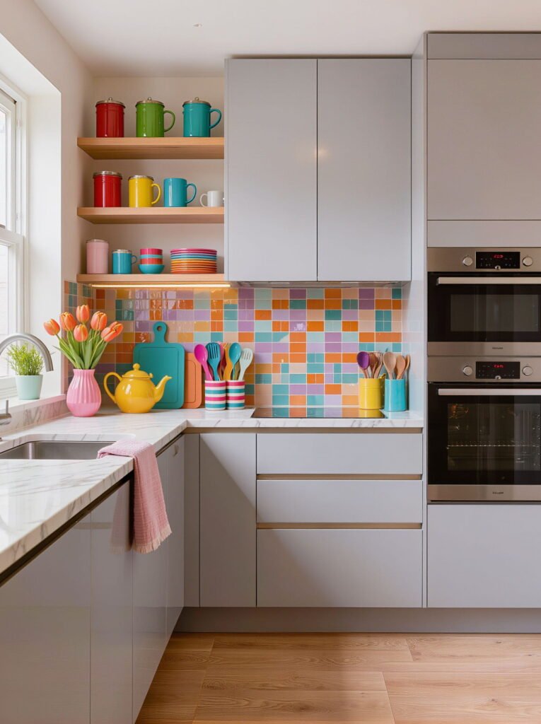 Playful dopamine decor kitchen with multi-colored square tile backsplash, white cabinets, and built-in double ovens.