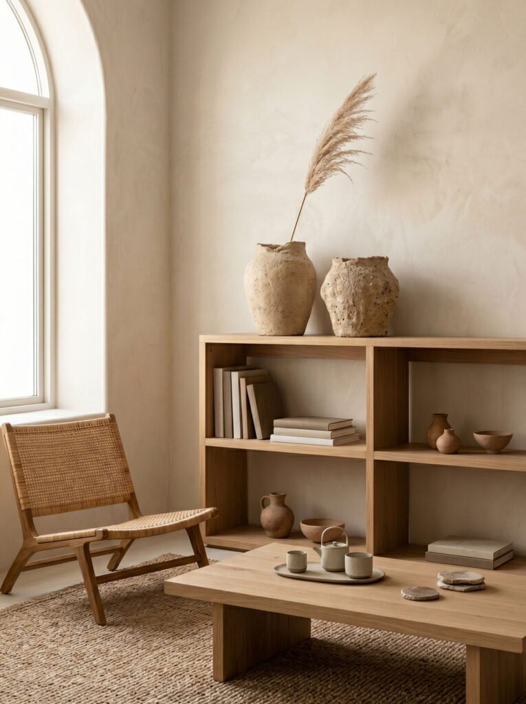 Minimalist living room corner featuring a light wood bookshelf, a cane accent chair, and large ceramic vases with pampas grass.