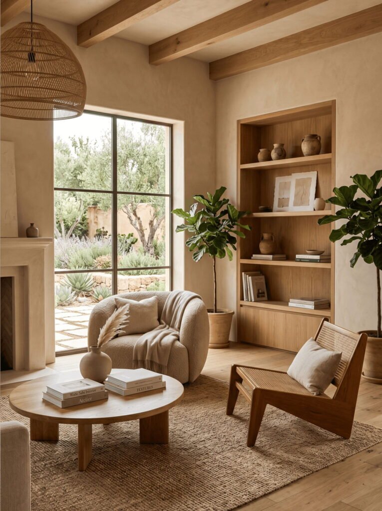 Warm minimalist living room design with large framed windows, two light wood armchairs, a round coffee table, and plaster walls.