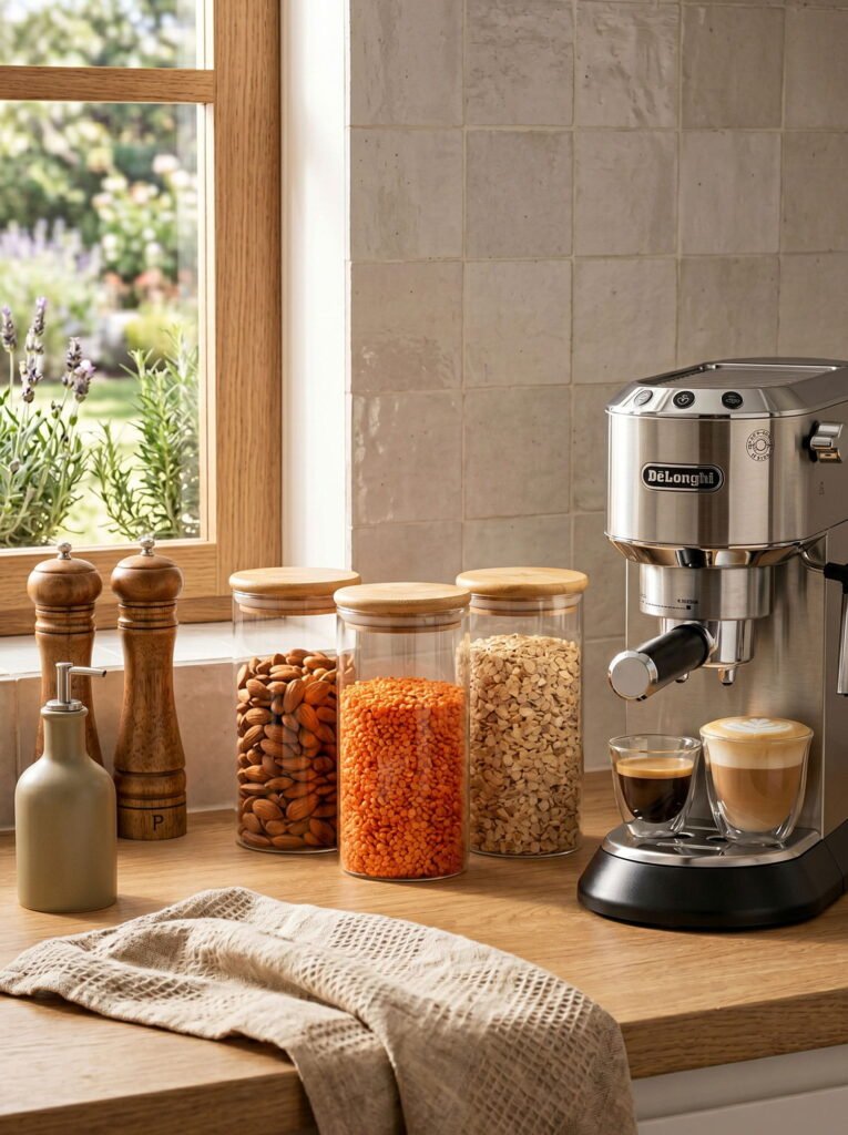 Silver espresso machine on a kitchen counter next to glass storage jars with bamboo lids and wooden spice grinders.