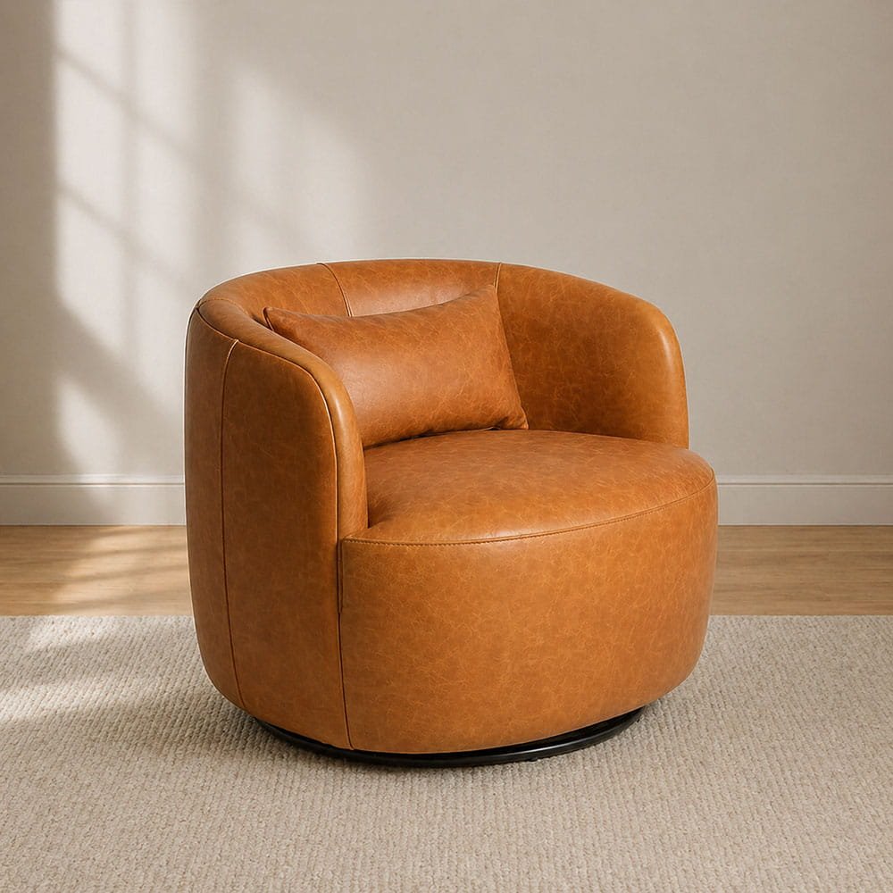 Round caramel leather accent chair with soft curves in modern decor