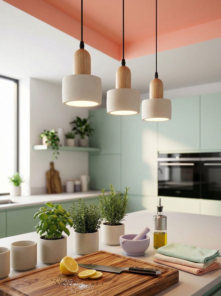 Bright mint green kitchen corner with modern cylinder pendant lights, open shelves, and potted fresh herbs on the countertop.
