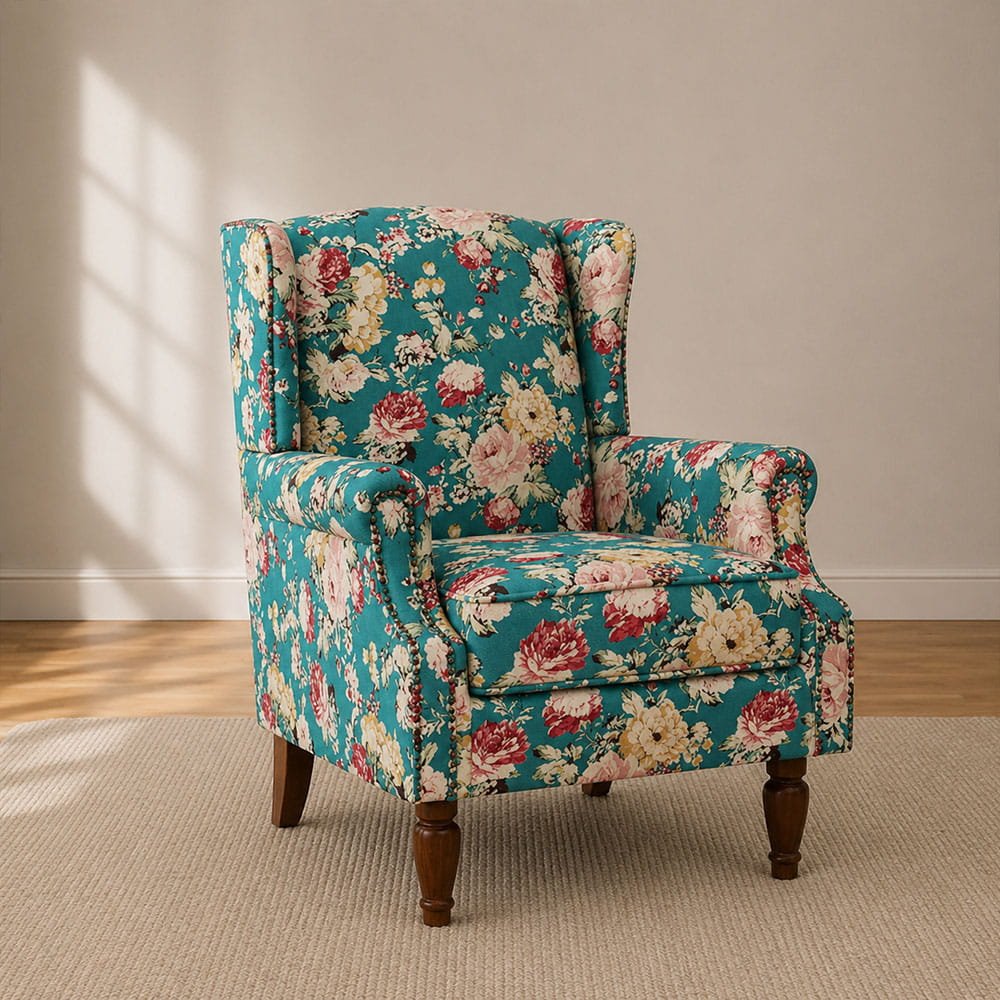 Floral upholstered armchair adding color to a warm living space