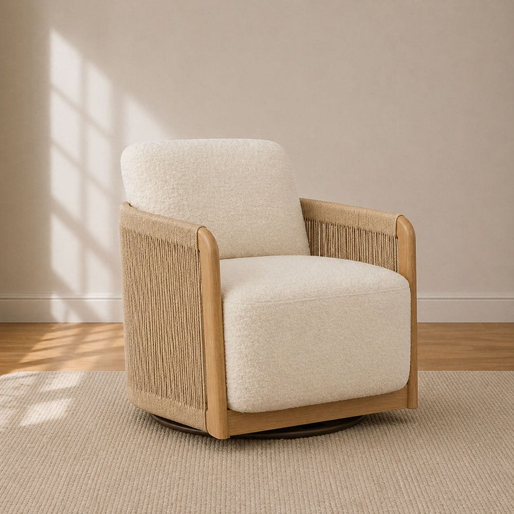 Neutral wood frame accent chair with textured fabric in cozy interior