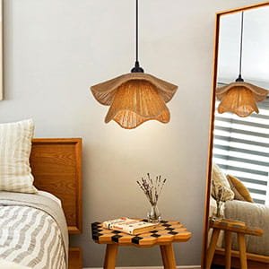 a woven flower-shaped pendant light,