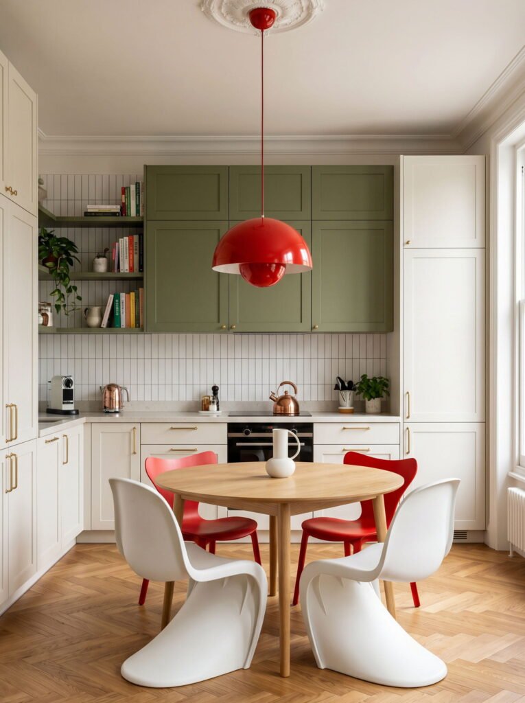 Modern olive green and white kitchen design featuring a red dome pendant light over a round wooden dining table with colorful chairs.