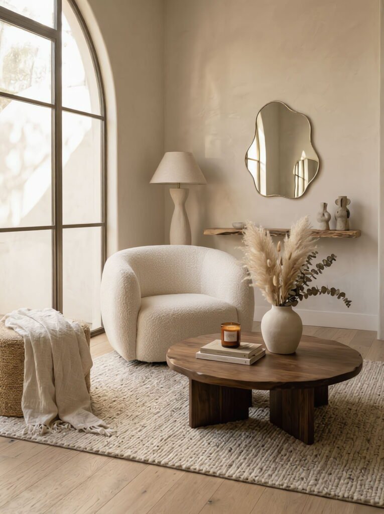 Contemporary living space with a curved boucle armchair, a dark wood fluted coffee table, a jute rug, and pampas grass decor, next to large arched windows.