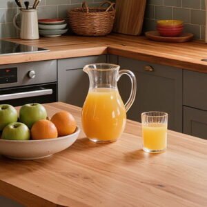 Fresh orange juice in a glass pitcher on a wooden kitchen island with a bowl of apples and oranges in the background.