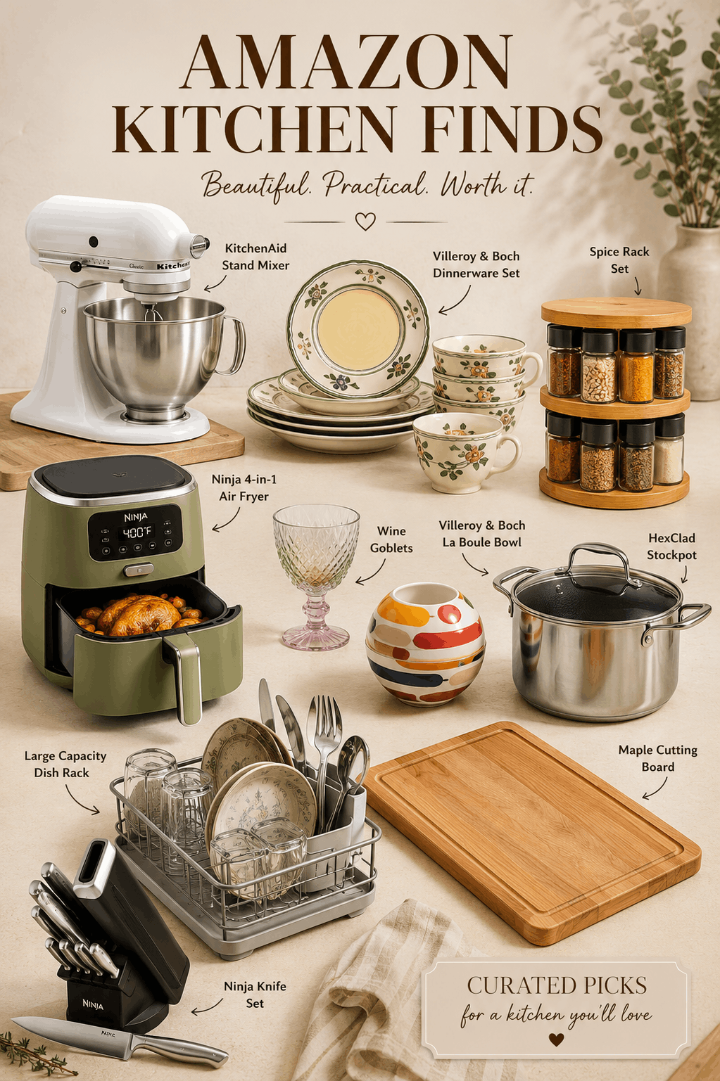 Collage of aesthetic Amazon kitchen finds featuring a KitchenAid stand mixer, dinnerware set, air fryer, wine goblets, spice rack, stockpot, cutting board, dish rack, knife set, and decorative vase in a warm neutral kitchen style.