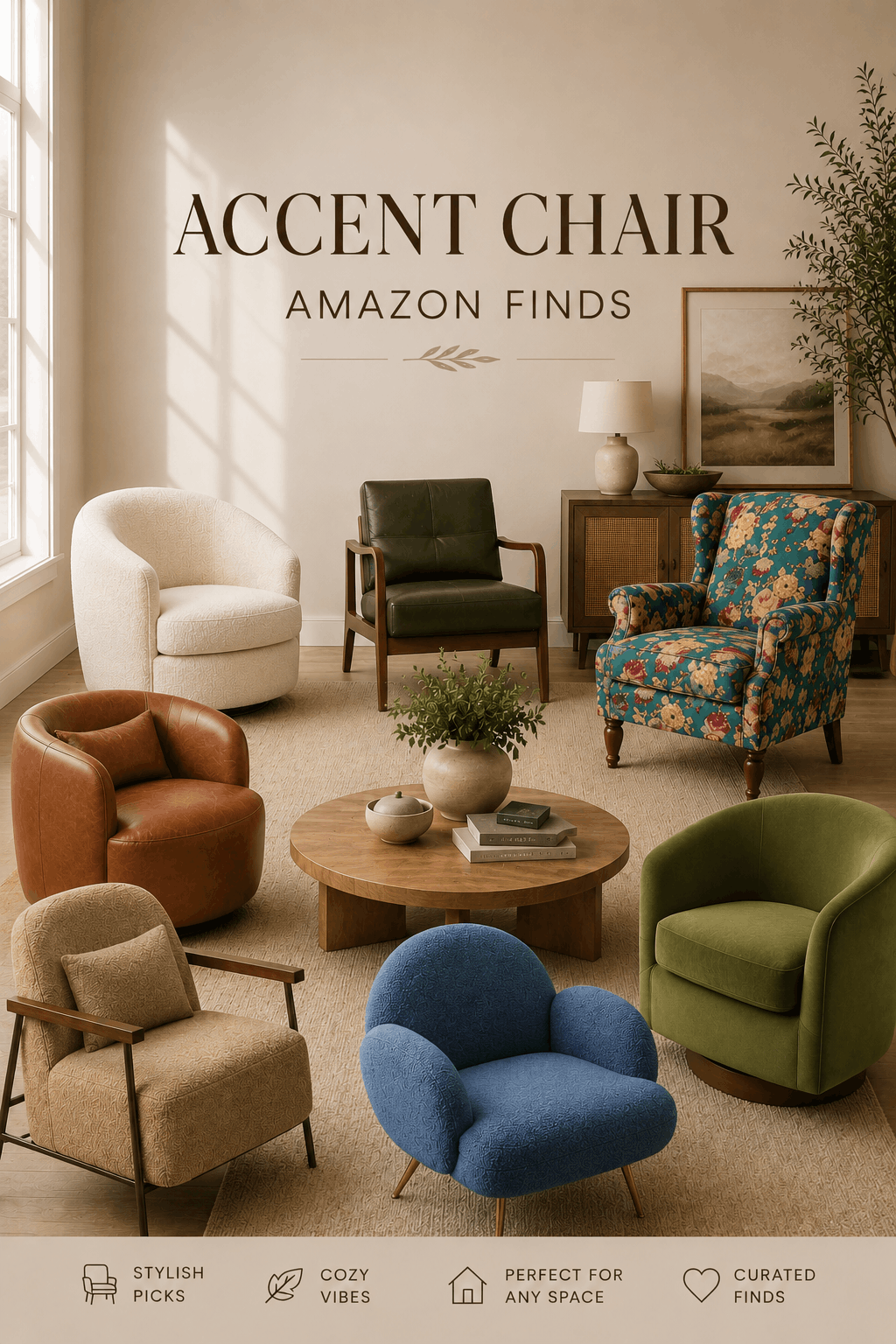 Warm neutral living room with stylish accent chairs in boucle, leather and floral fabrics arranged around a wooden coffee table — cozy Amazon accent chair finds for modern and eclectic home decor.