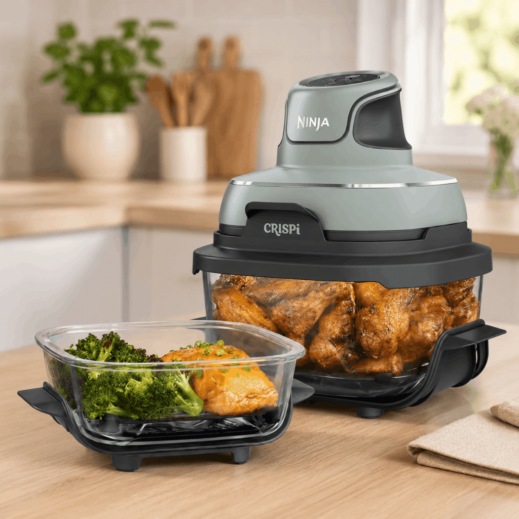 Ninja CRISPi glass air fryer with crispy chicken wings, salmon, and broccoli styled on a warm wooden kitchen countertop in a cozy modern kitchen setting