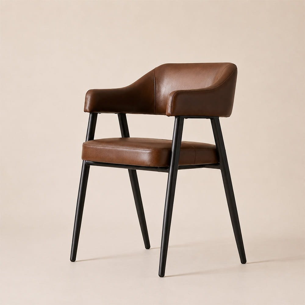 Mid-century dining chair with brown faux leather seat, black metal legs, and curved wooden backrest.