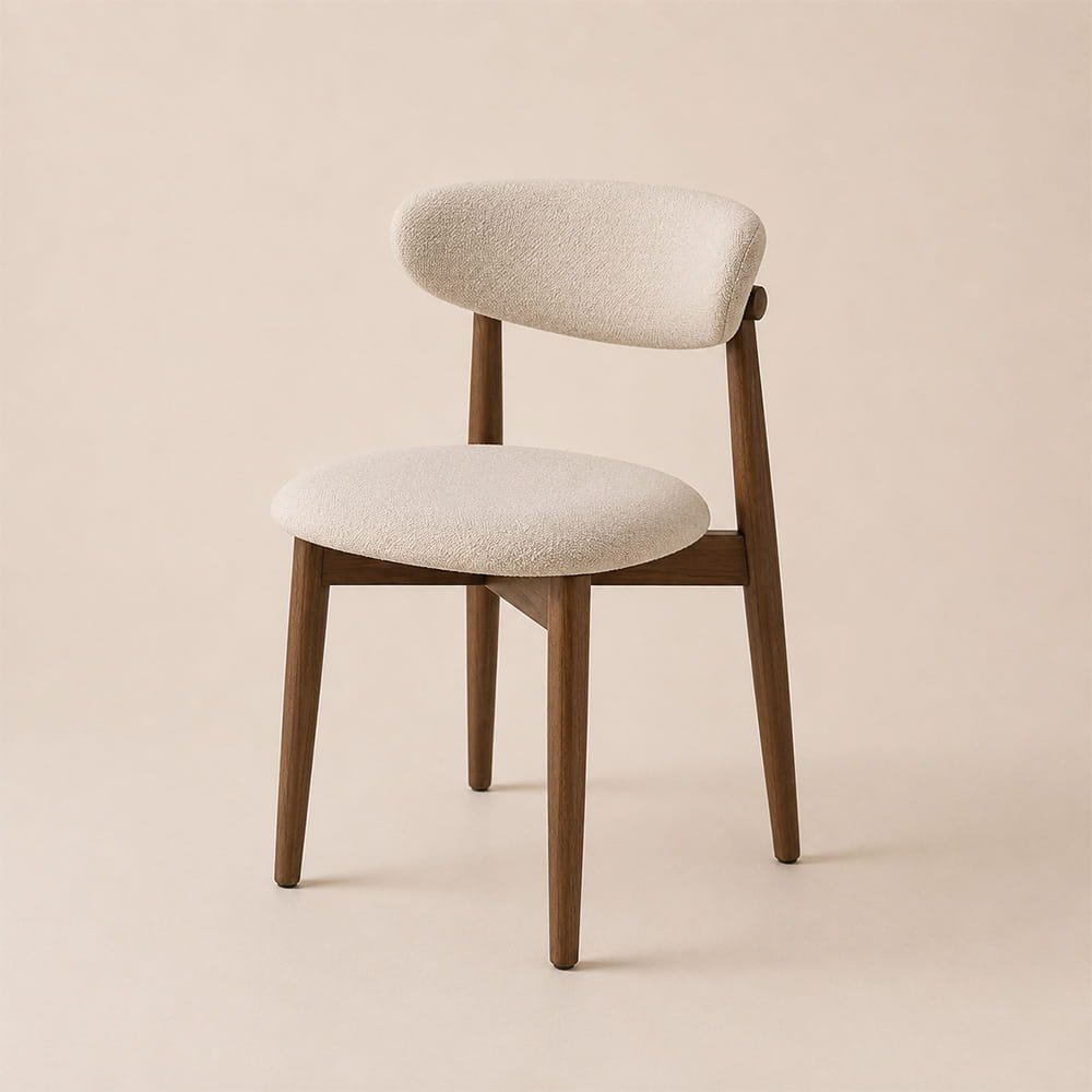 Scandinavian-style dining chair with beige boucle upholstery and walnut wood legs in a neutral studio setting.