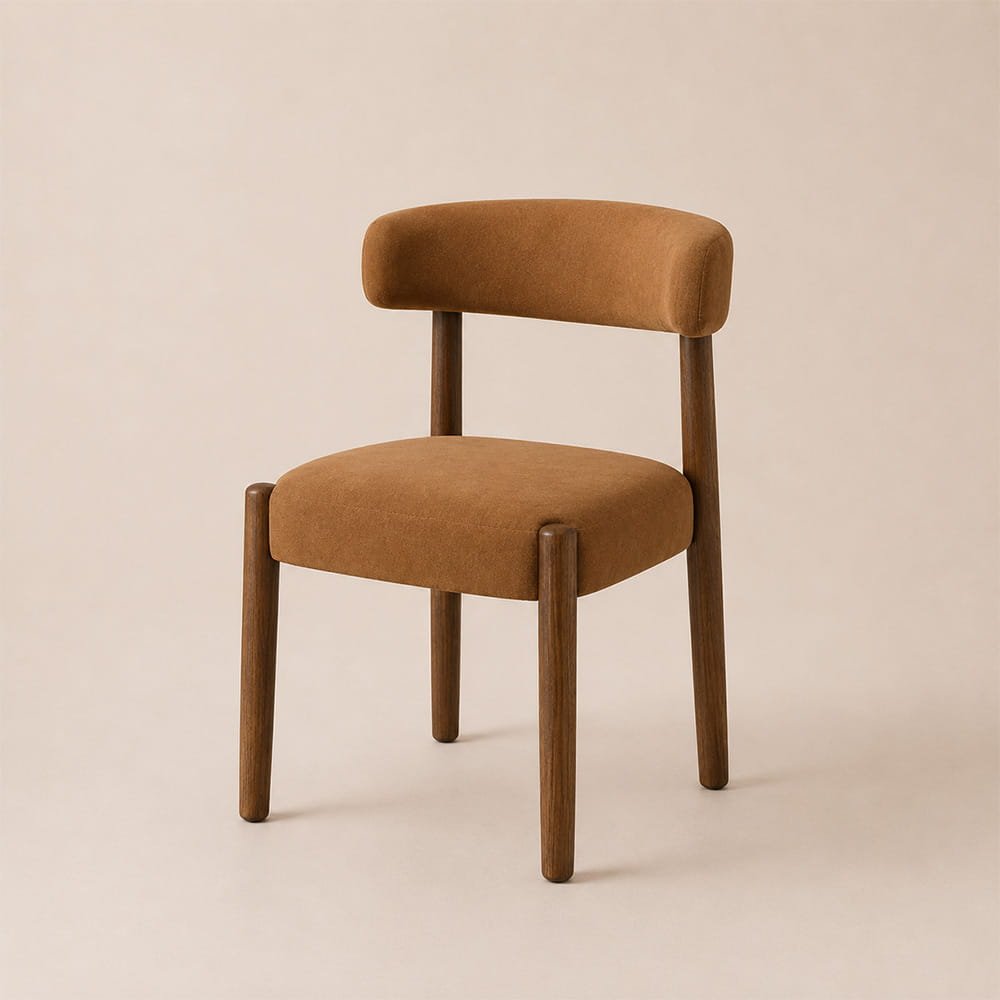 Minimalist warm brown wooden dining chair with upholstered seat on a soft beige background.
