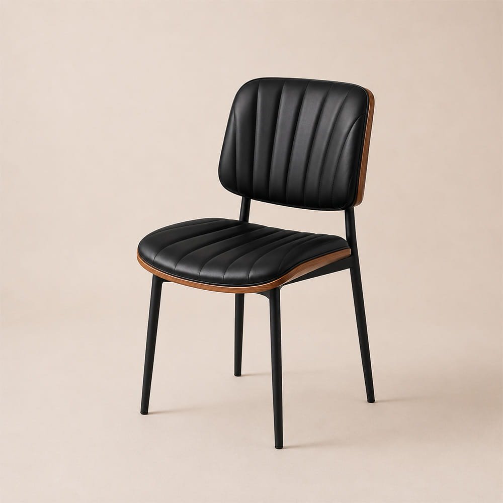 Modern black dining chair with vertical stitched backrest and slim black metal legs on a beige backdrop.