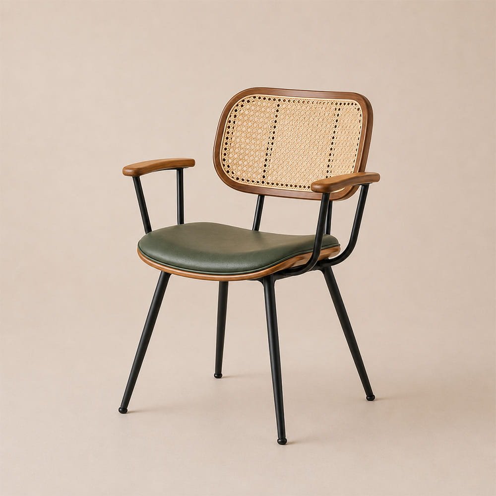 Stylish rattan accent dining chair with black metal frame, wooden armrests, and green cushioned seat.