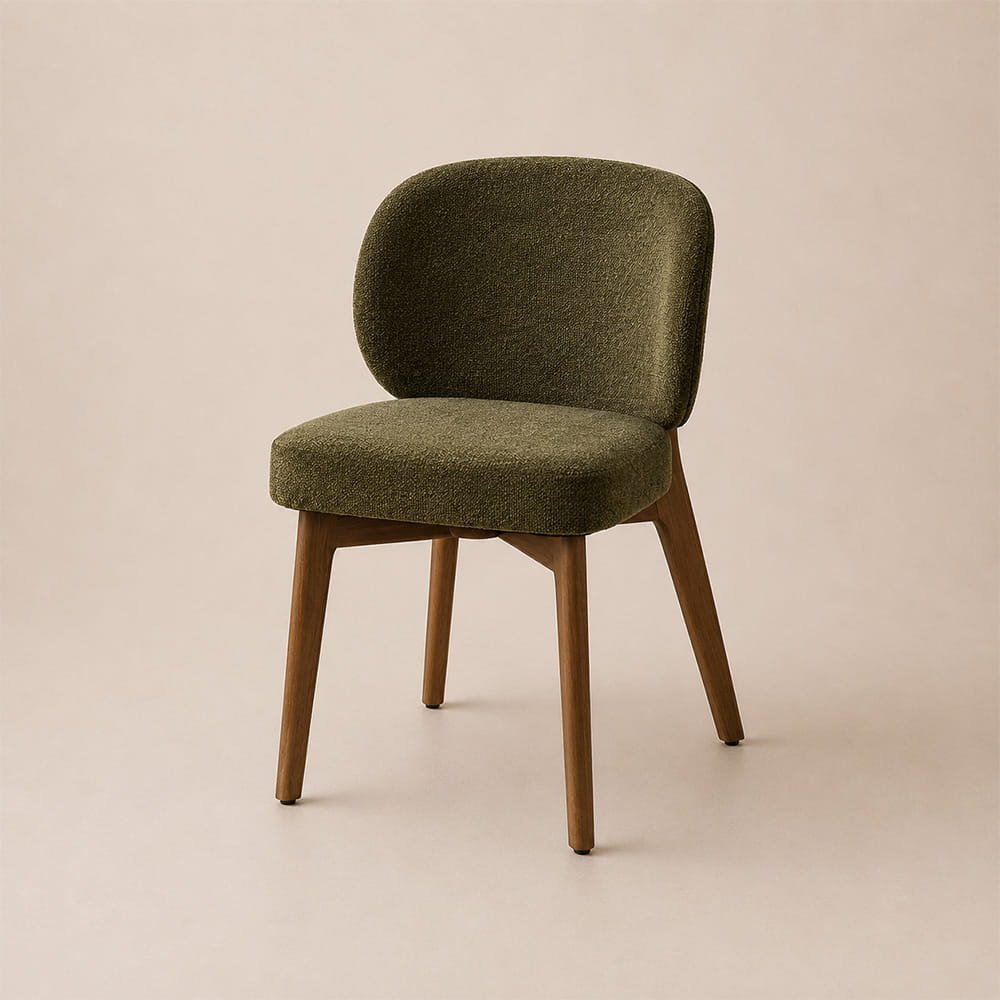 Olive green upholstered dining chair with rounded backrest and warm wooden legs against a soft beige backdrop.