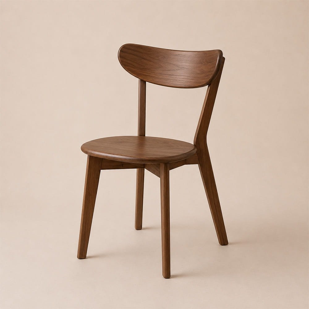 Minimal walnut wooden dining chair with curved backrest and clean Scandinavian-inspired design.
