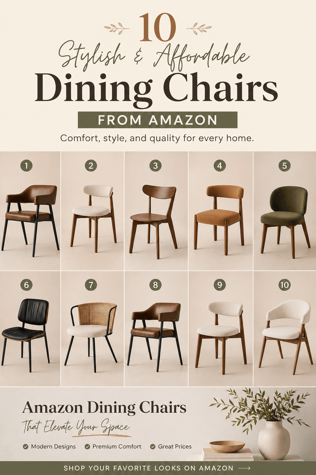 Collage-style Pinterest pin featuring 10 modern Amazon dining chairs in neutral tones, including boucle, leather, rattan, and walnut wood designs on a soft beige background.