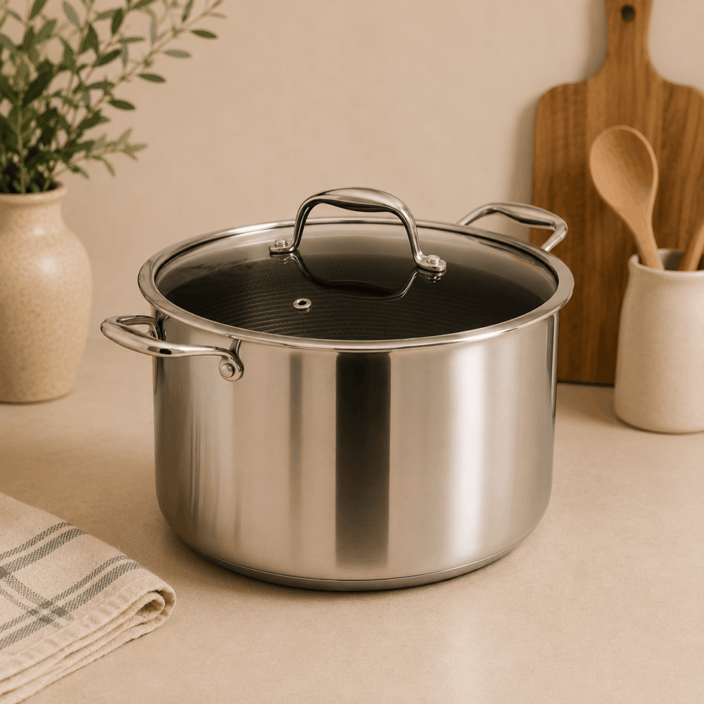 Stainless steel stockpot with glass lid styled on a warm neutral kitchen countertop with wooden cutting boards and soft lighting.