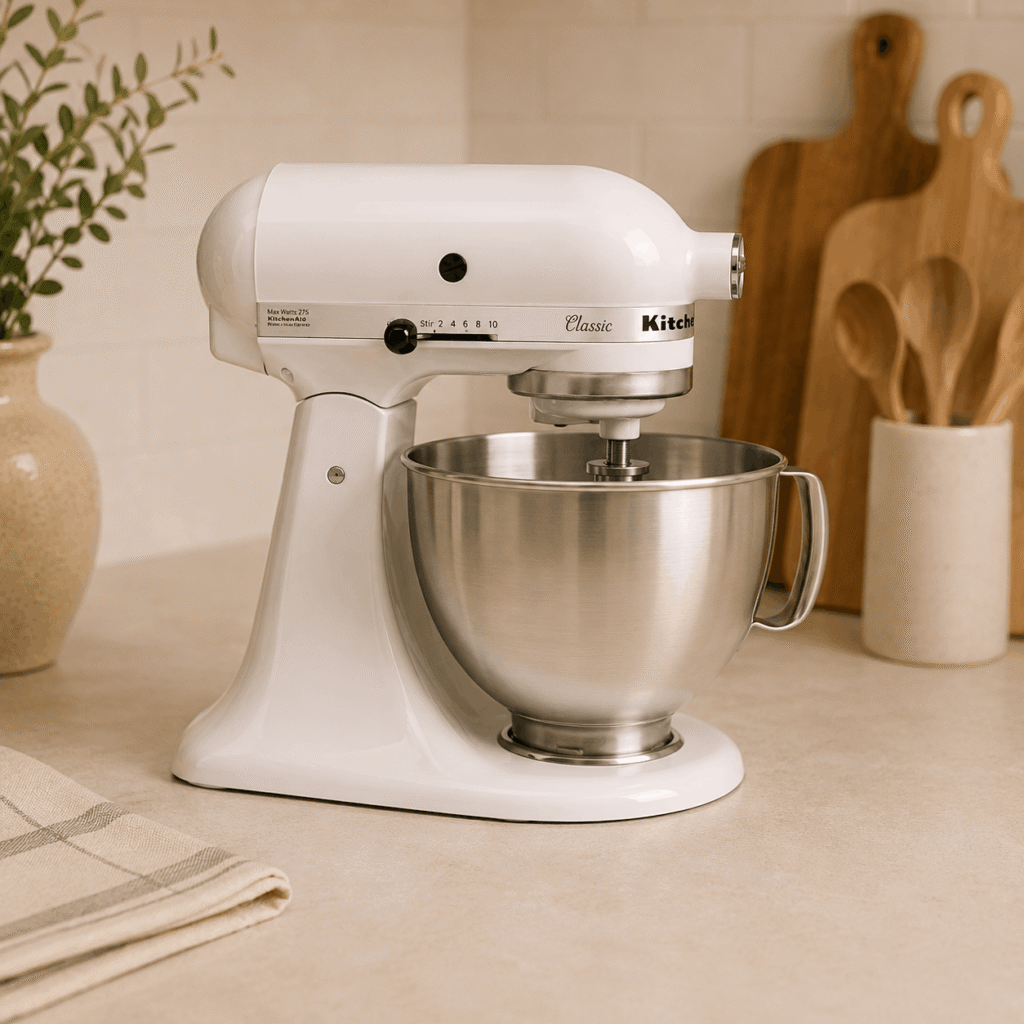White KitchenAid stand mixer styled in a cozy minimalist kitchen with warm beige decor and wooden kitchen accessories.