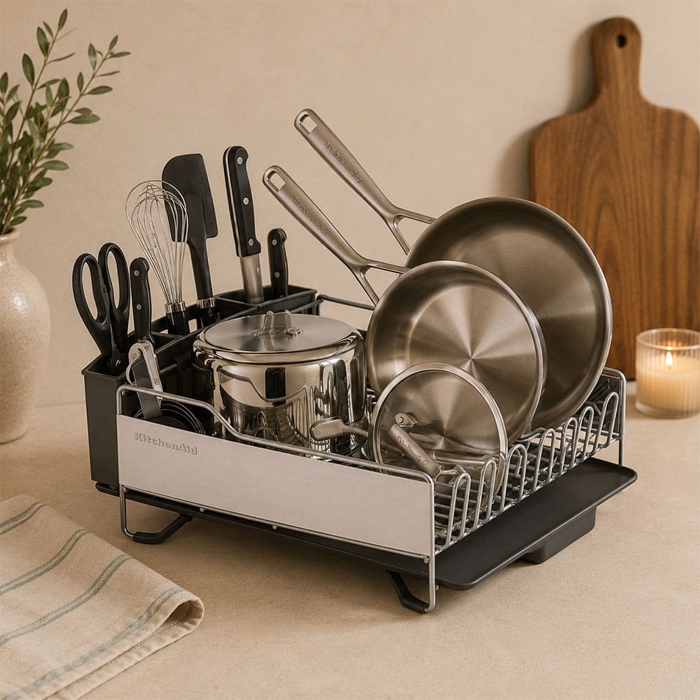 Large capacity dish drying rack with stainless steel cookware and utensils styled in a warm aesthetic kitchen countertop setup.